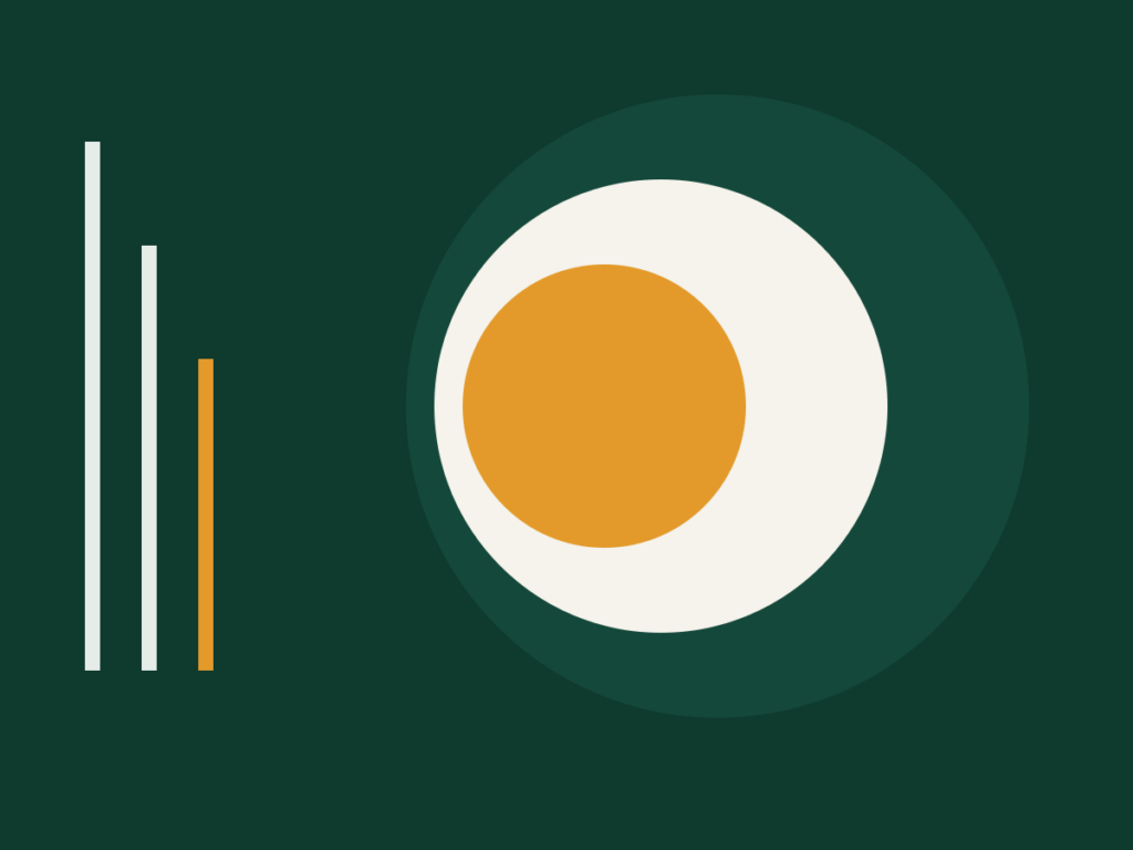 Abstract illustration of layered circles and rising bars in green, bone and amber
