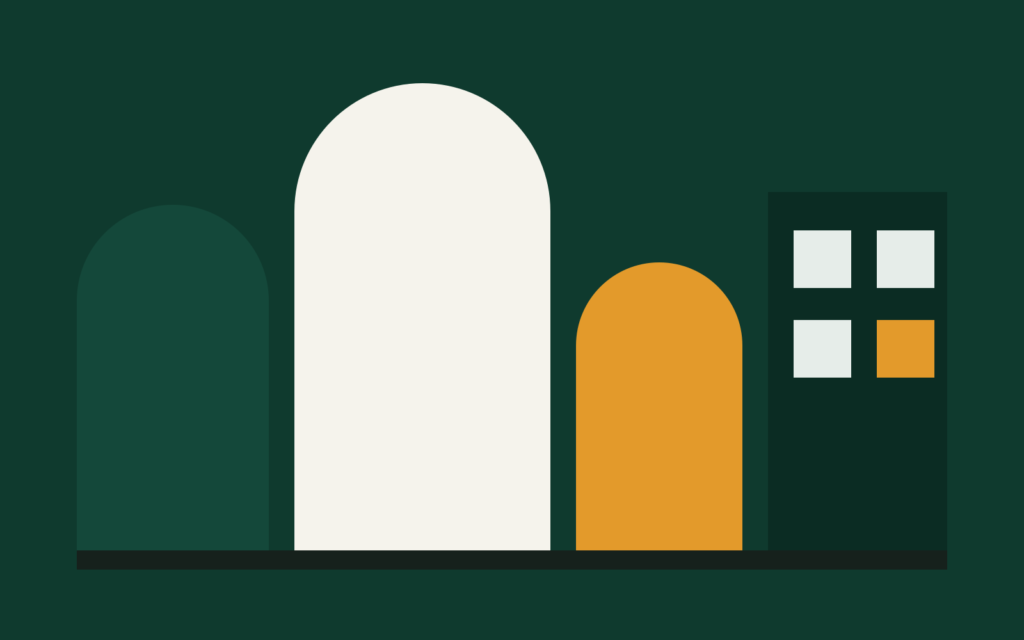 Abstract illustration of campus arches and a residence block in green, bone and amber