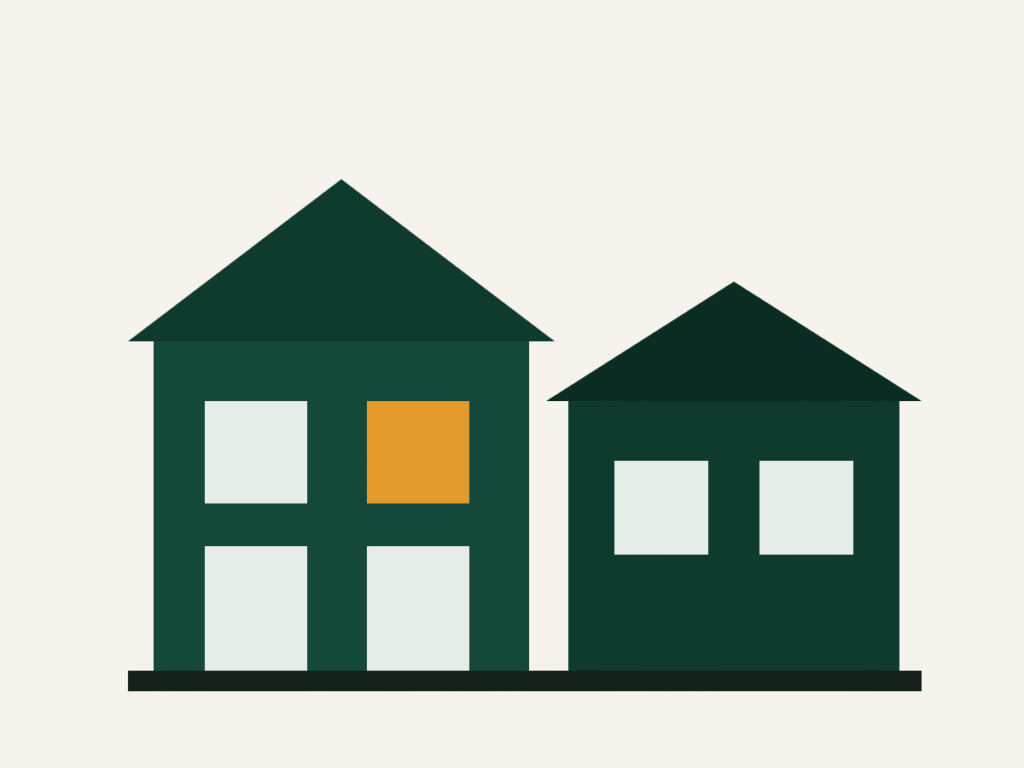 Abstract illustration of two pitched roof buildings with lit windows