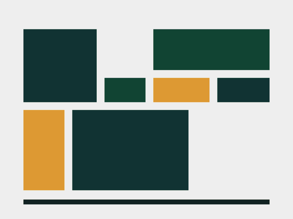 Abstract illustration of modular building blocks in green, bone and amber