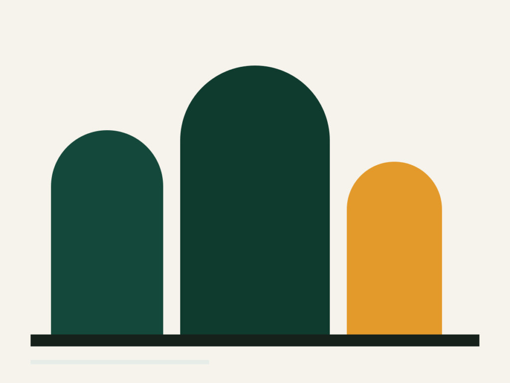 Abstract illustration of three university arches in deep green and amber