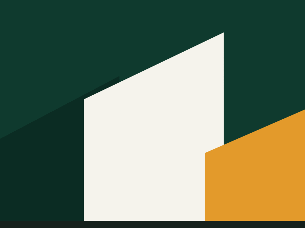 Abstract illustration of layered angular planes in green, bone and amber